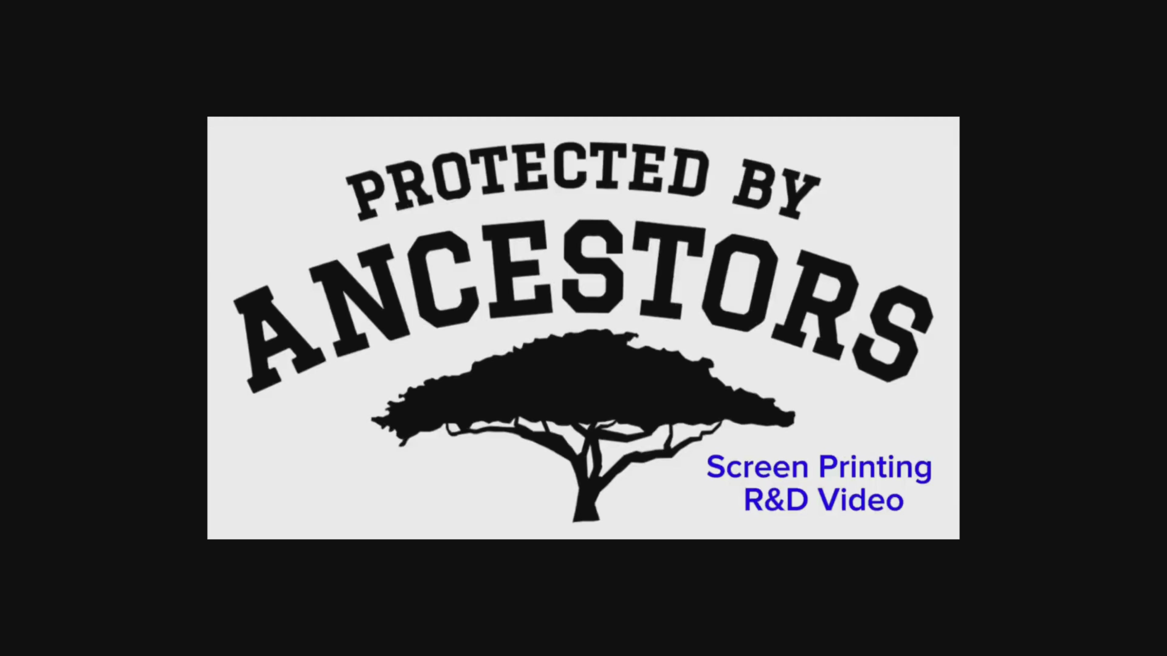 Load video: A 44-second video showcasing the screen printing process for the Protected By Ancestors logo. The video opens with the title screen displaying the logo in black on a white rectangle. The first pull of white ink through the screen is uneven due to a small squeegee, leading to alignment issues. Excess pressure causes blotting and muddy letters. Throughout the process, adjustments are made, including switching shirts after ink splatters. The video ends with a quick sequence of images comparing failed(weathered) and successful prints, before fading to the logo in white on a black background.